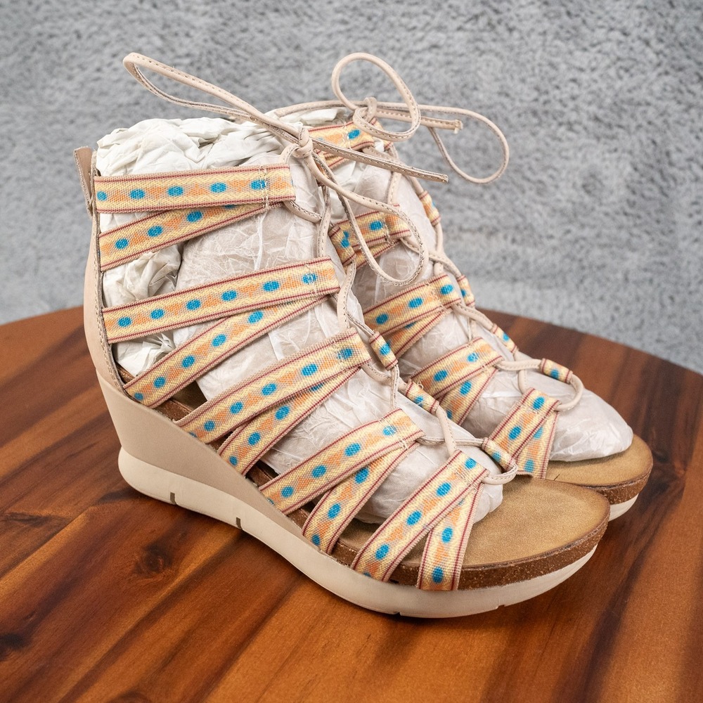 OTBT Gladiator Sandals Women's 6.5 Beige Blue Way Out Wedge Lace Up New